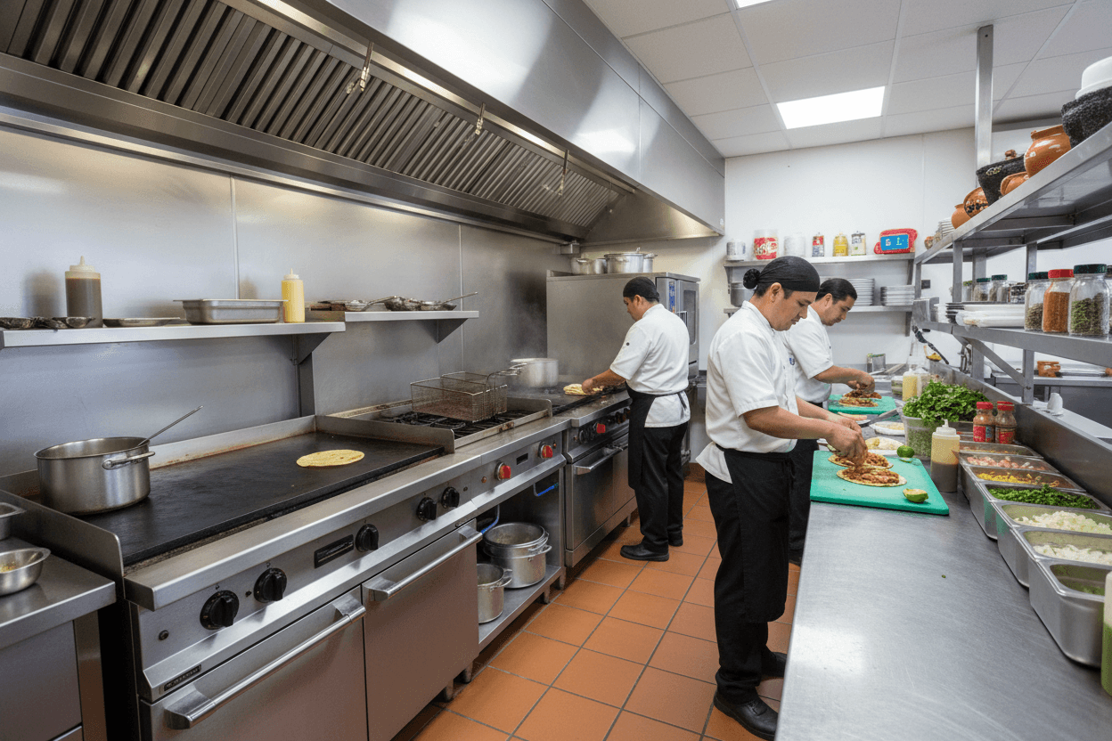Los Paisanos professional kitchen and food preparation area