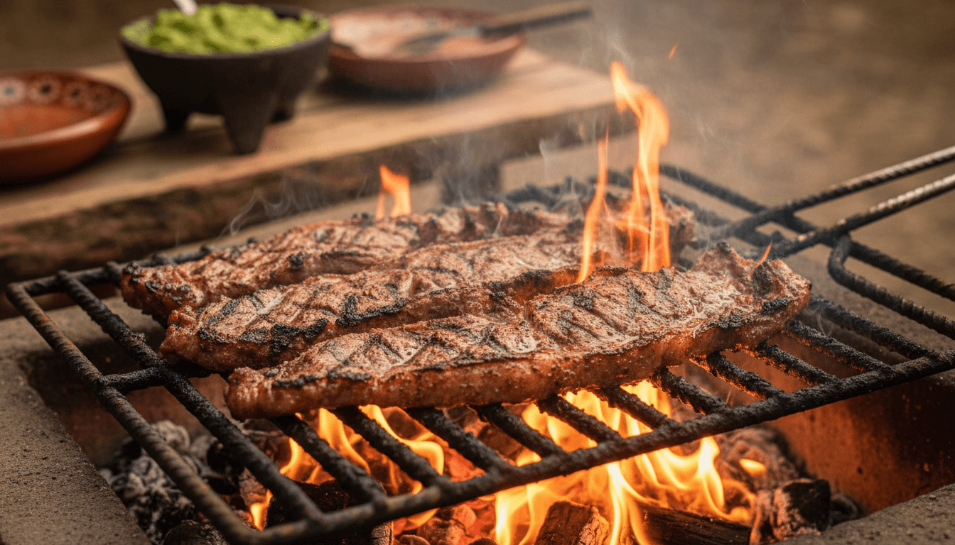 Fresh carne asada grilling at Los Paisanos butcher shop